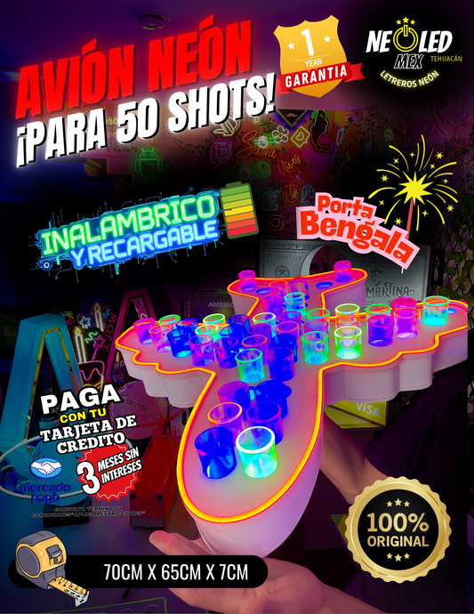 Porta Shots Avión para ¡50 Shots! Con Luz Led Neón Super Brilloso, Inalambrico y Recargable.