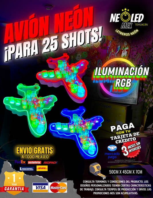 Porta Shots Avión para 25 ¡Shots! Con Luz Led Neón RGB Super Brilloso, Inalambrico y Recargable.