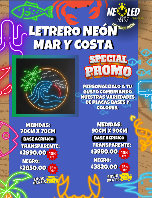 LETRERO MEDIANO NEÓN MAR Y COSTA