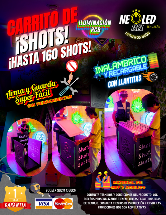 Carrito de Shots Con Luz Multicolor RGB, Inalambrico y Recargable 100% PERSONALIZADO