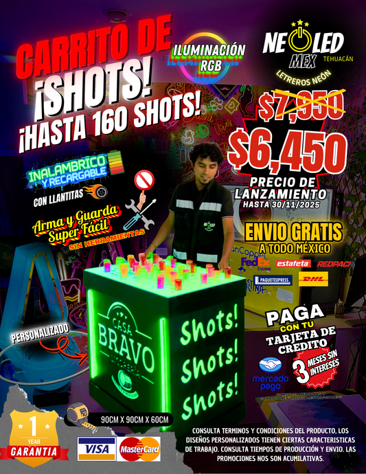 Carrito de Shots Con Luz Multicolor RGB, Inalambrico y Recargable 100% PERSONALIZADO